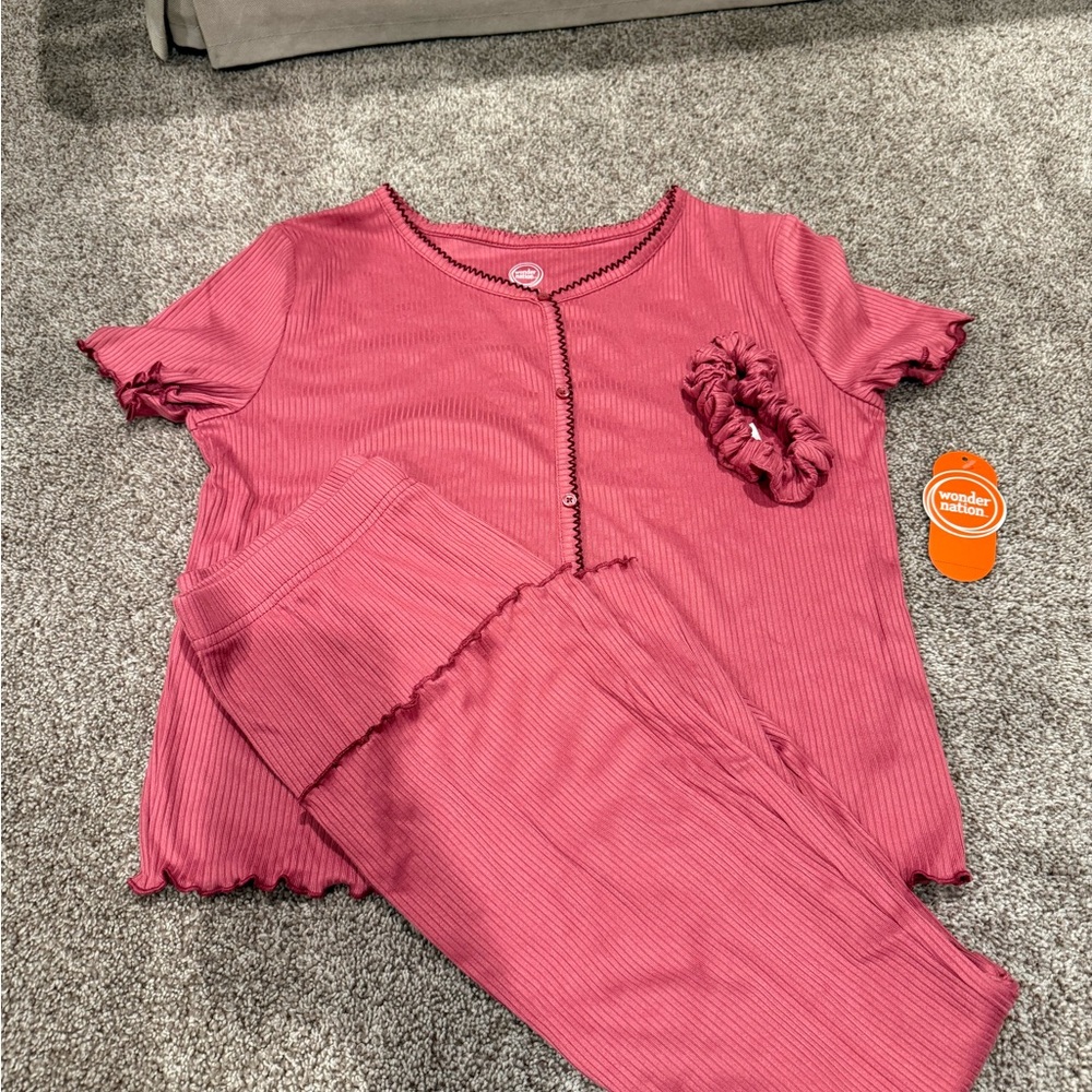 wonder nation Pink Ribbed Short-Sleeve Pajama Set with Scrunchie